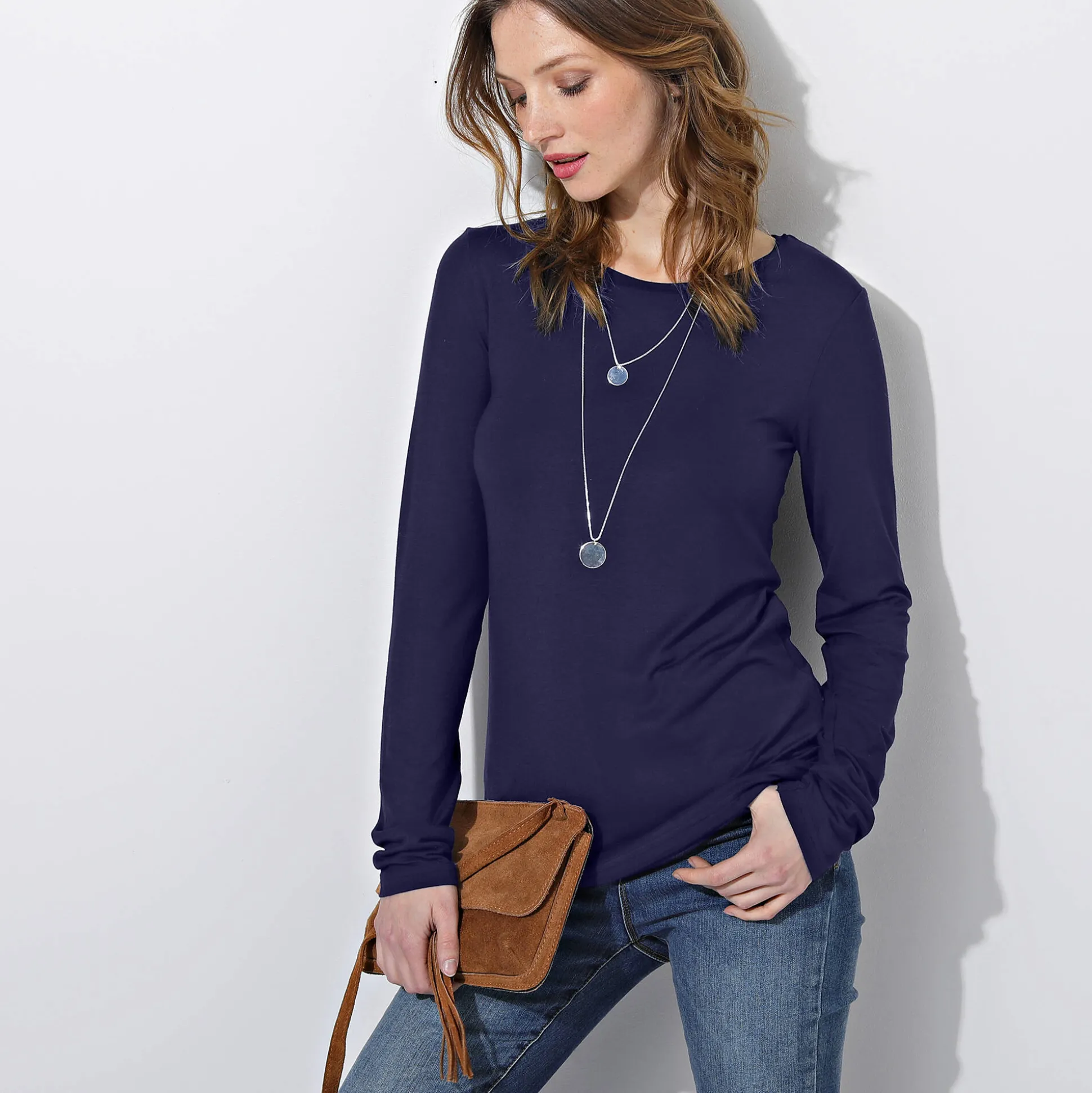 Effen T-shirt met ronde hals, in stretchstof