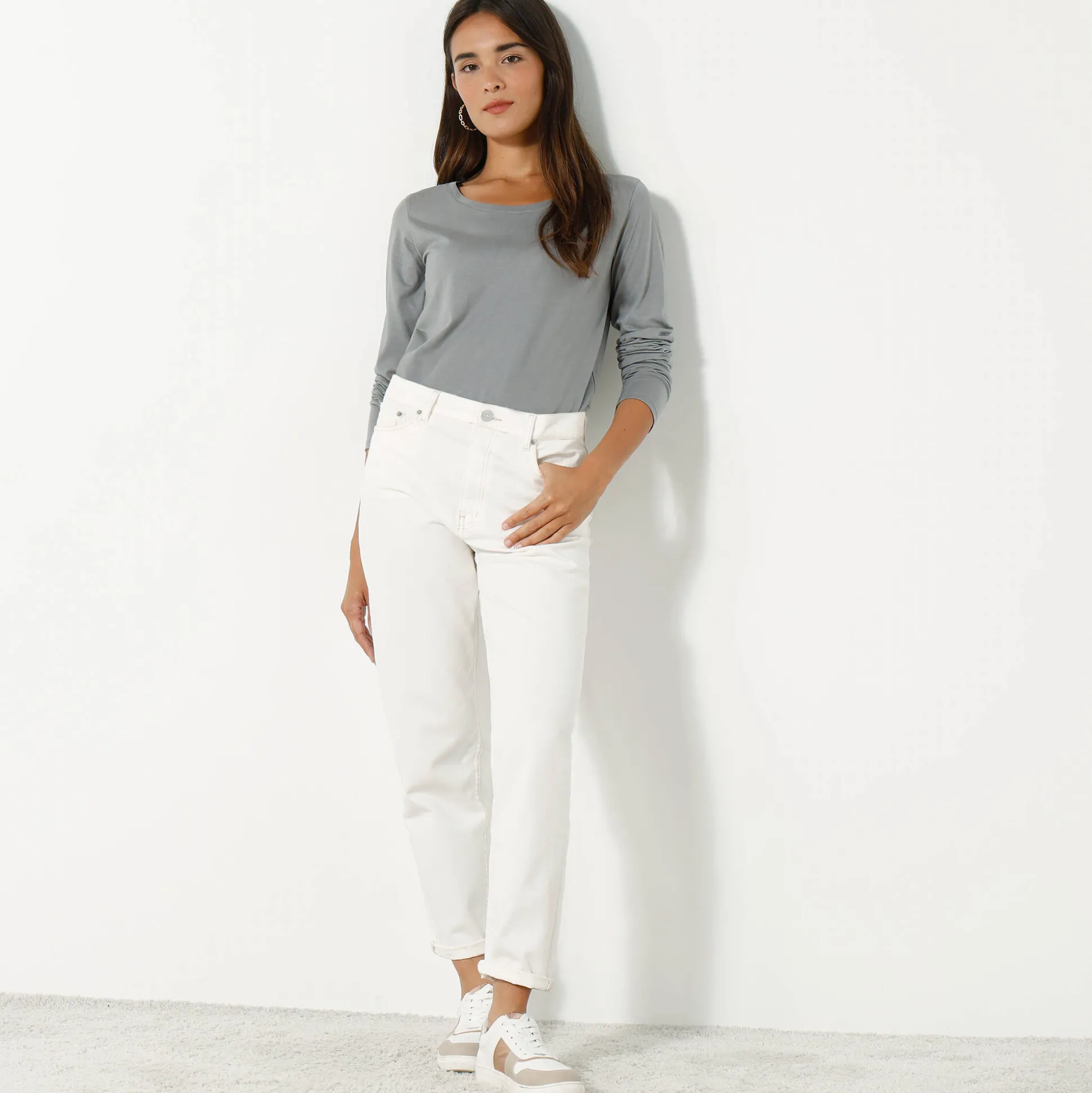 Effen T-shirt met ronde hals en lange mouwen