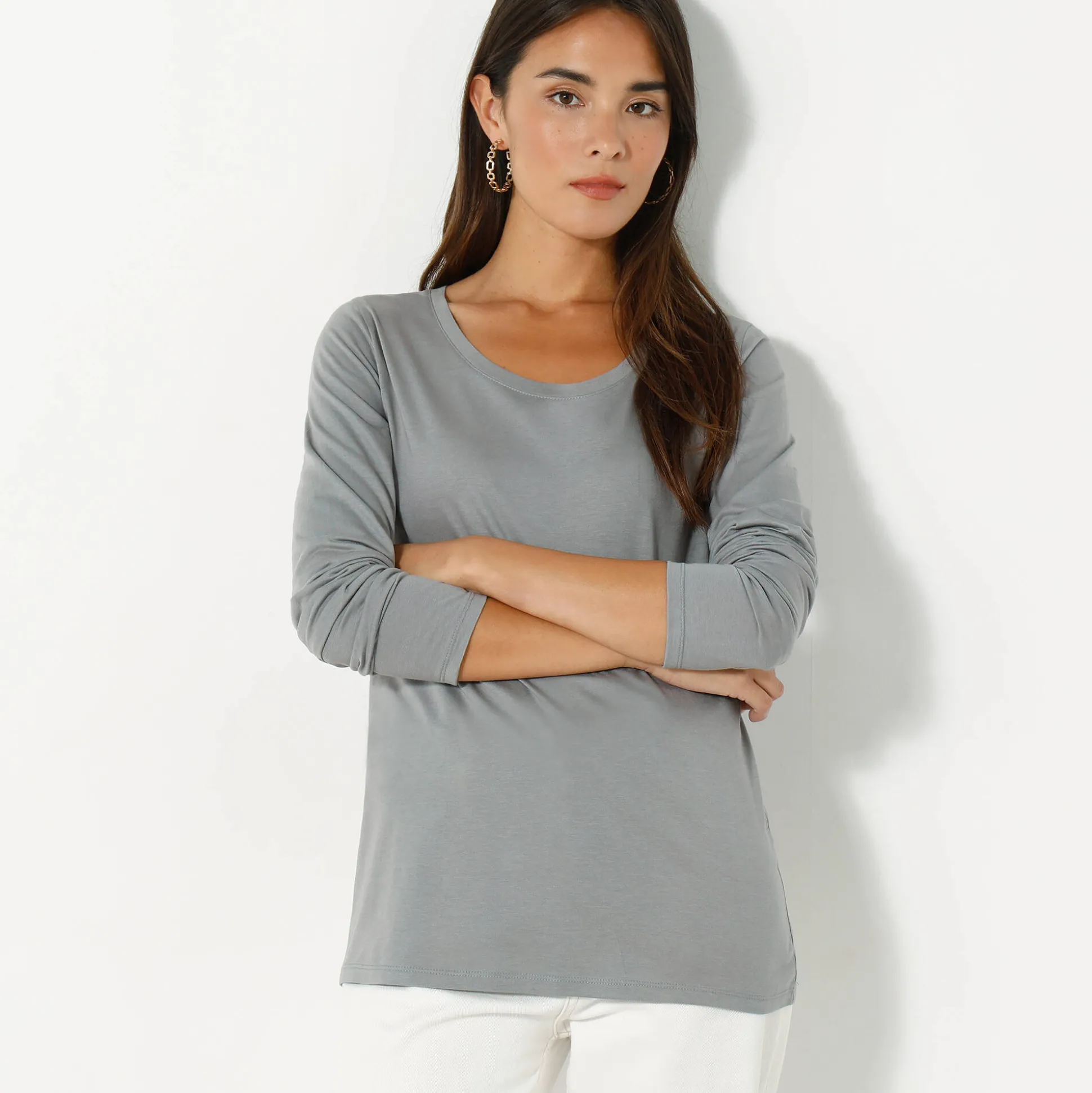 Effen T-shirt met ronde hals en lange mouwen