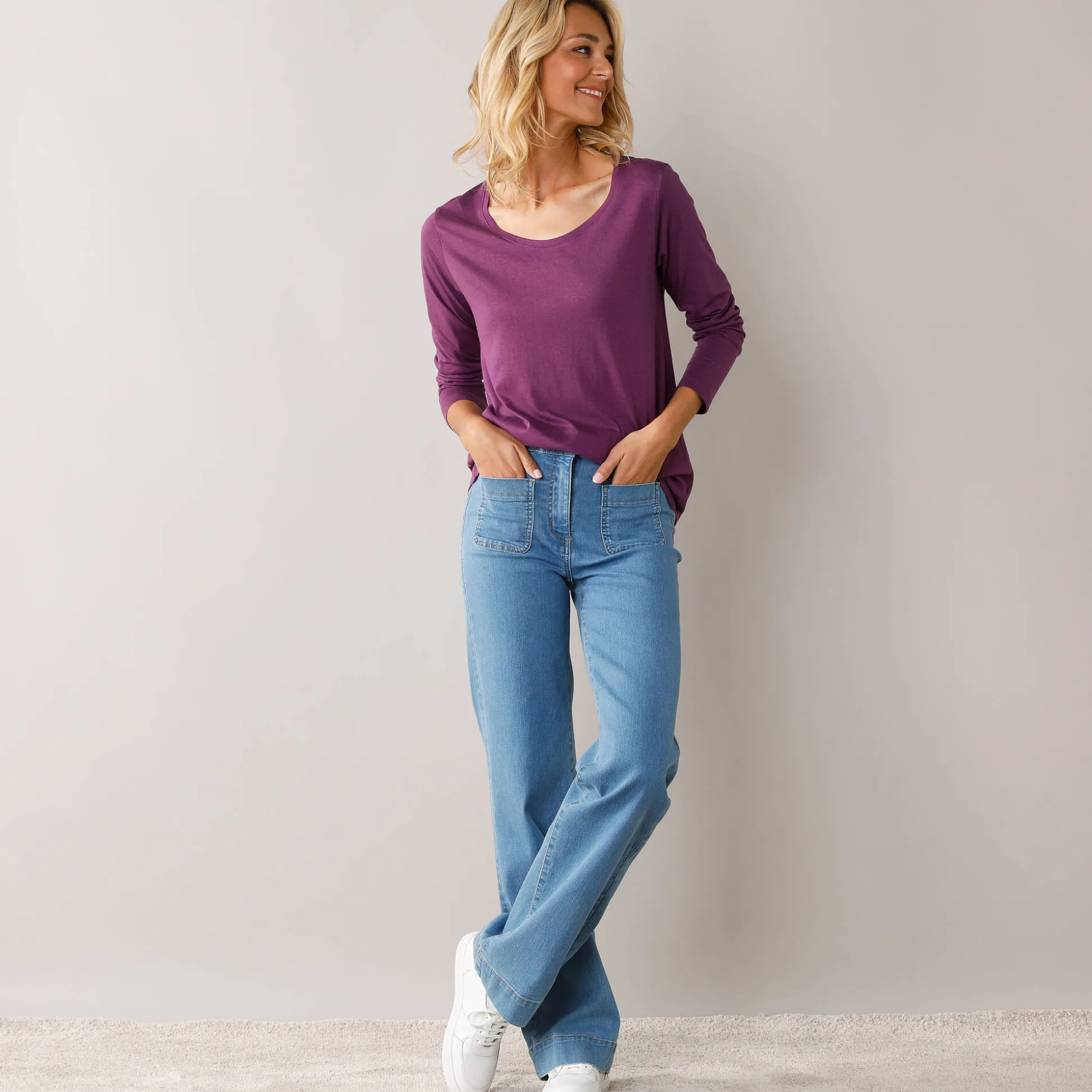 Effen T-shirt met ronde hals en lange mouwen