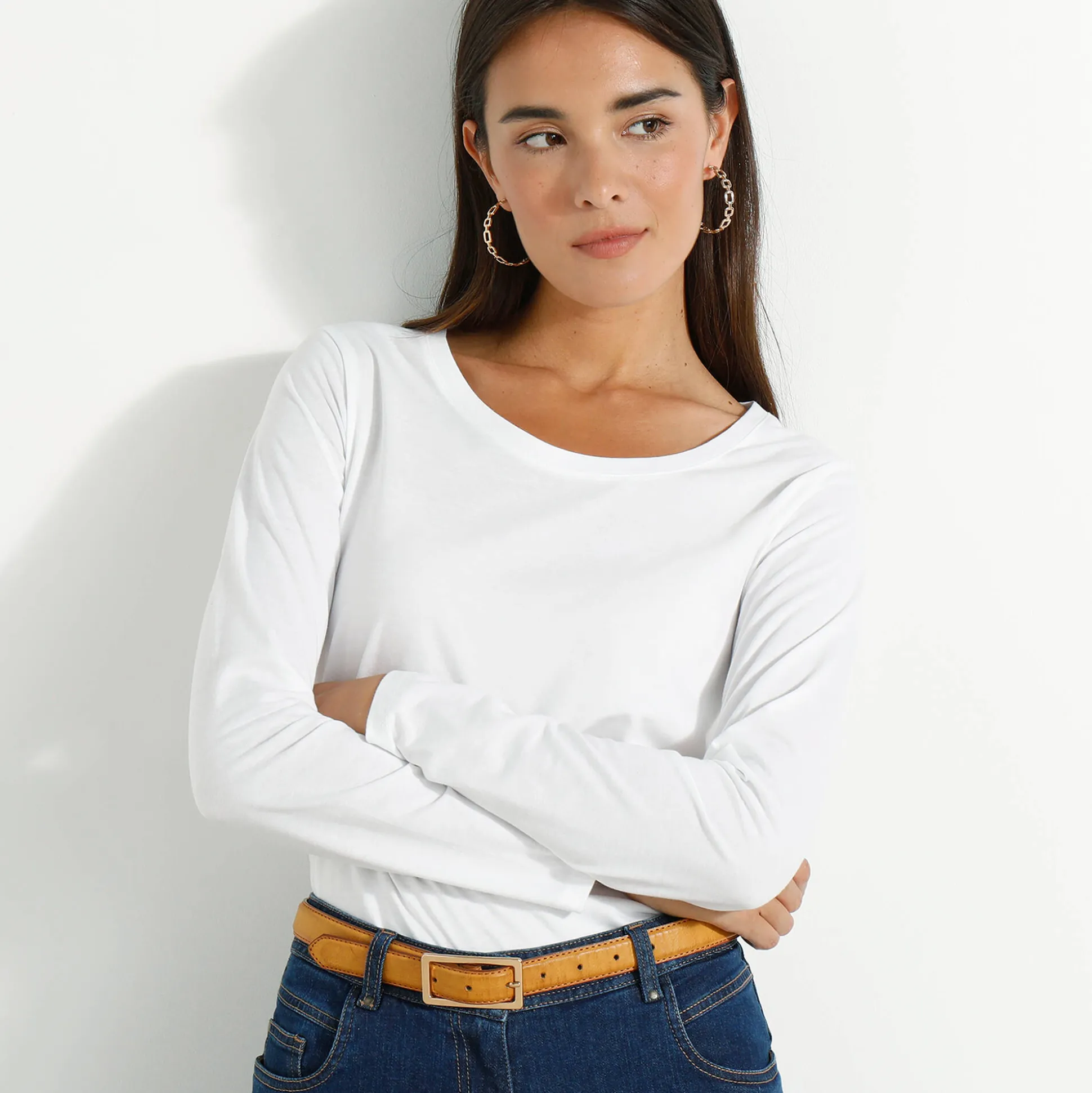 Effen T-shirt met ronde hals en lange mouwen