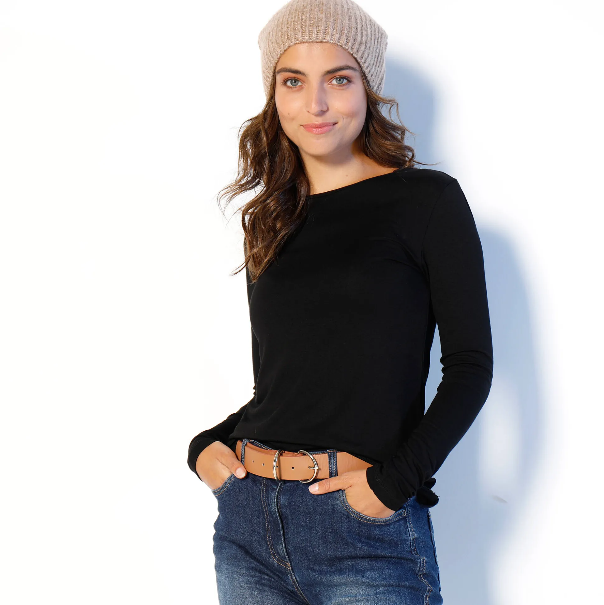 Effen T-shirt met ronde hals, in stretchstof
