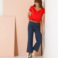 Effen T-shirt met Tunesische hals, katoen