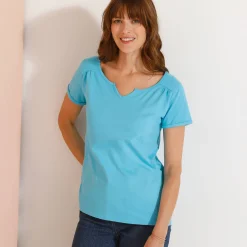 Effen T-shirt met Tunesische hals, katoen