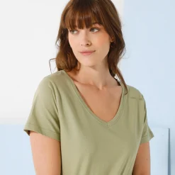 Effen T-shirt met V-hals en korte mouwen, katoen