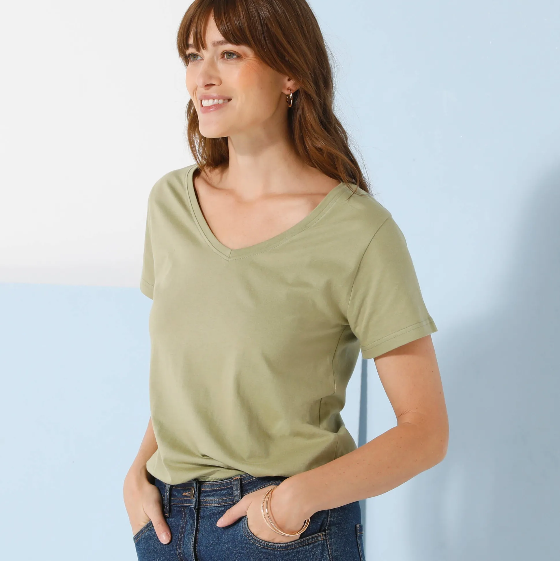 Effen T-shirt met V-hals en korte mouwen, katoen