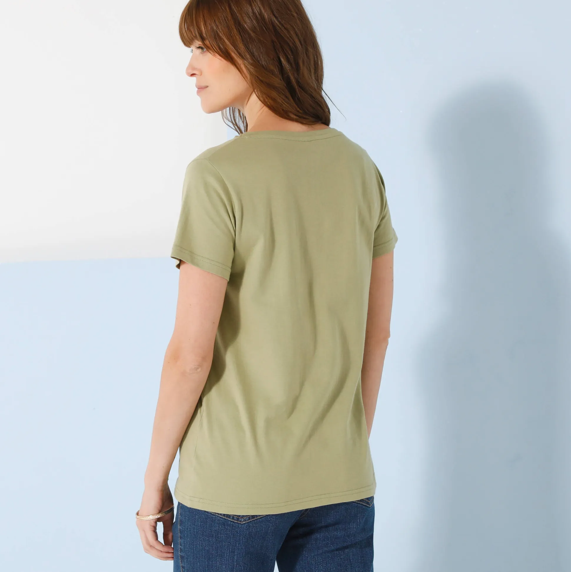 Effen T-shirt met V-hals en korte mouwen, katoen