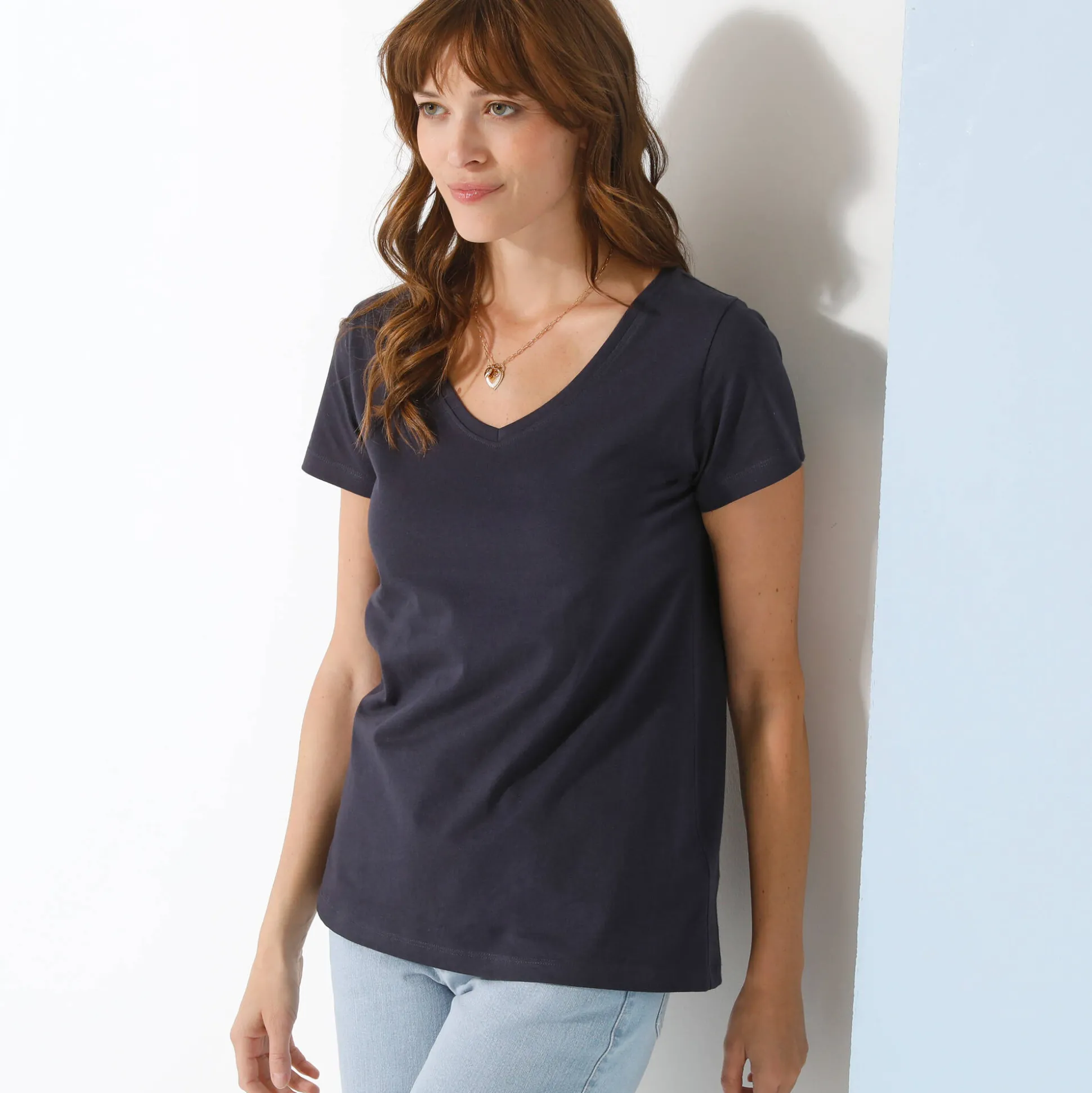 Effen T-shirt met V-hals en korte mouwen, katoen