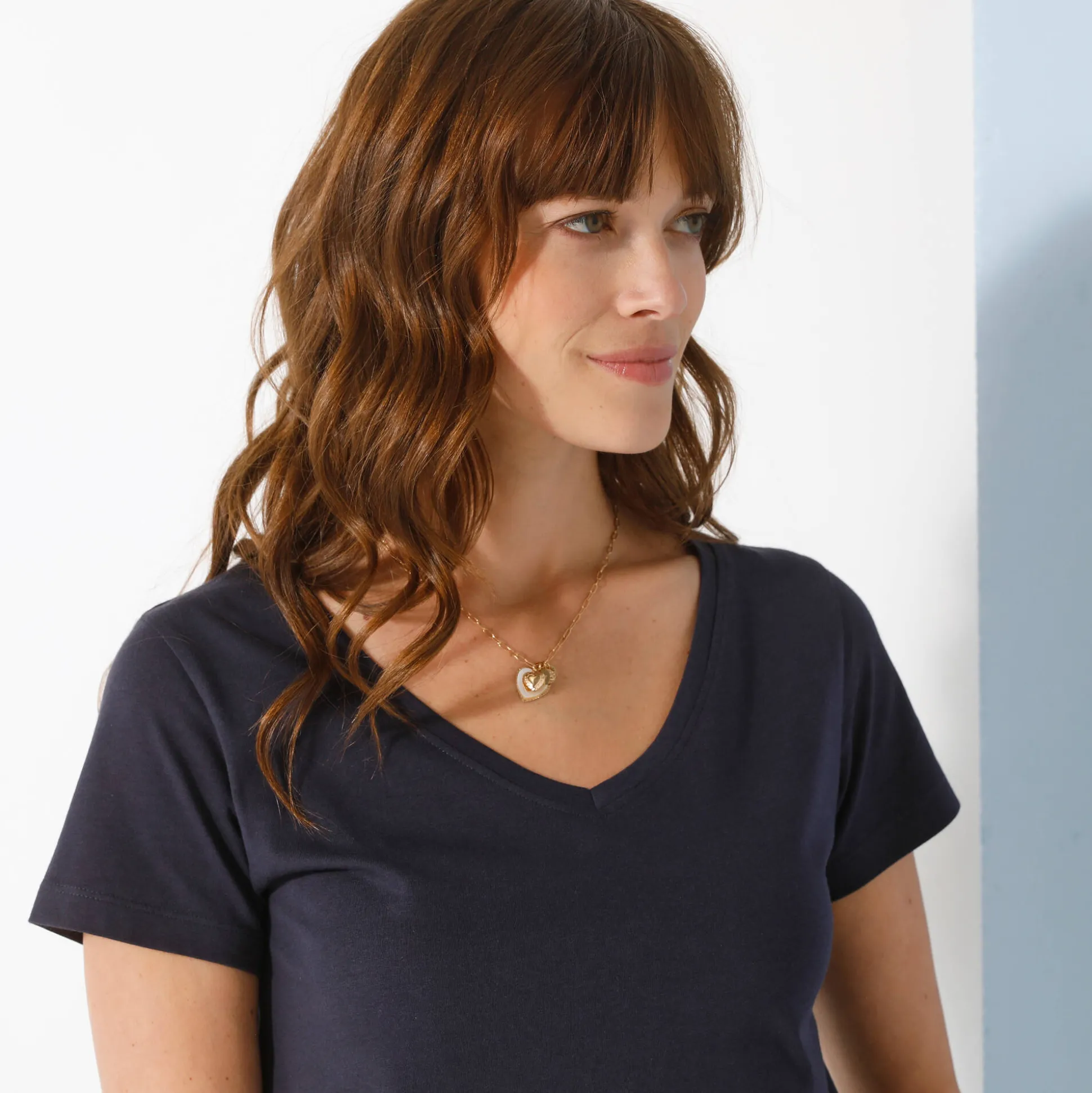 Effen T-shirt met V-hals en korte mouwen, katoen