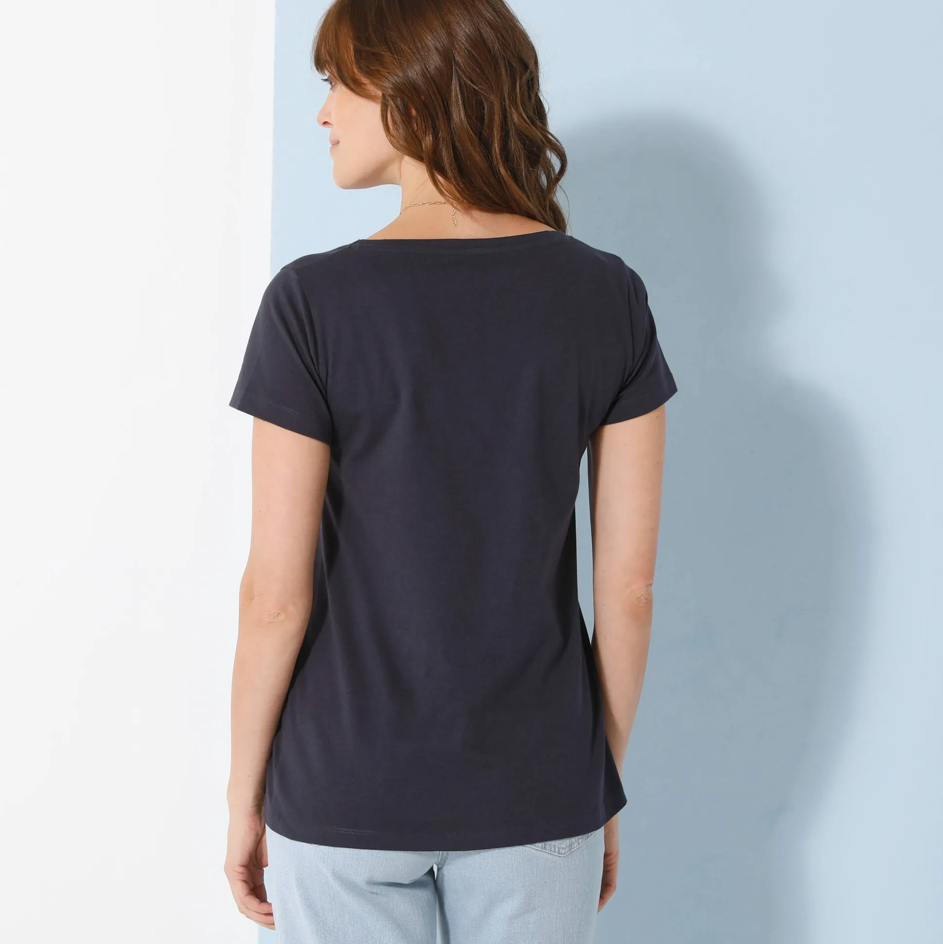 Effen T-shirt met V-hals en korte mouwen, katoen