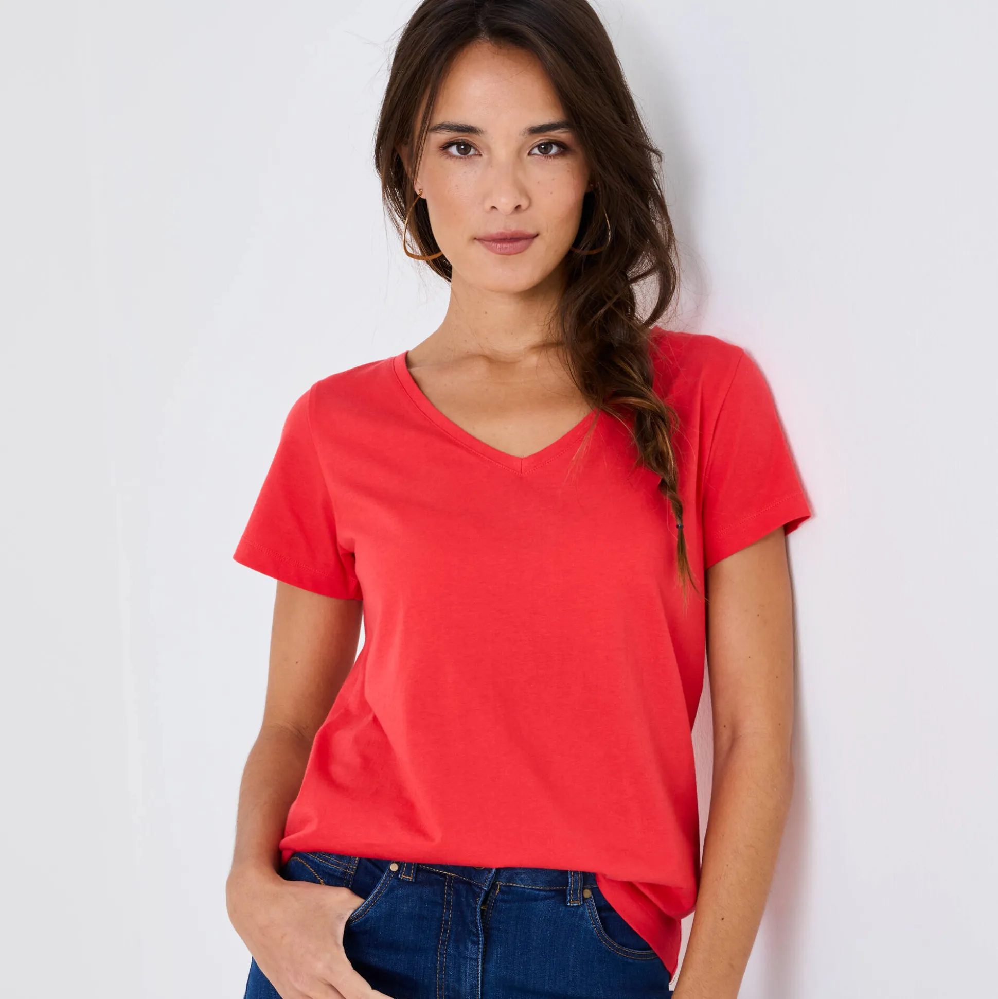 Effen T-shirt met V-hals en korte mouwen, katoen