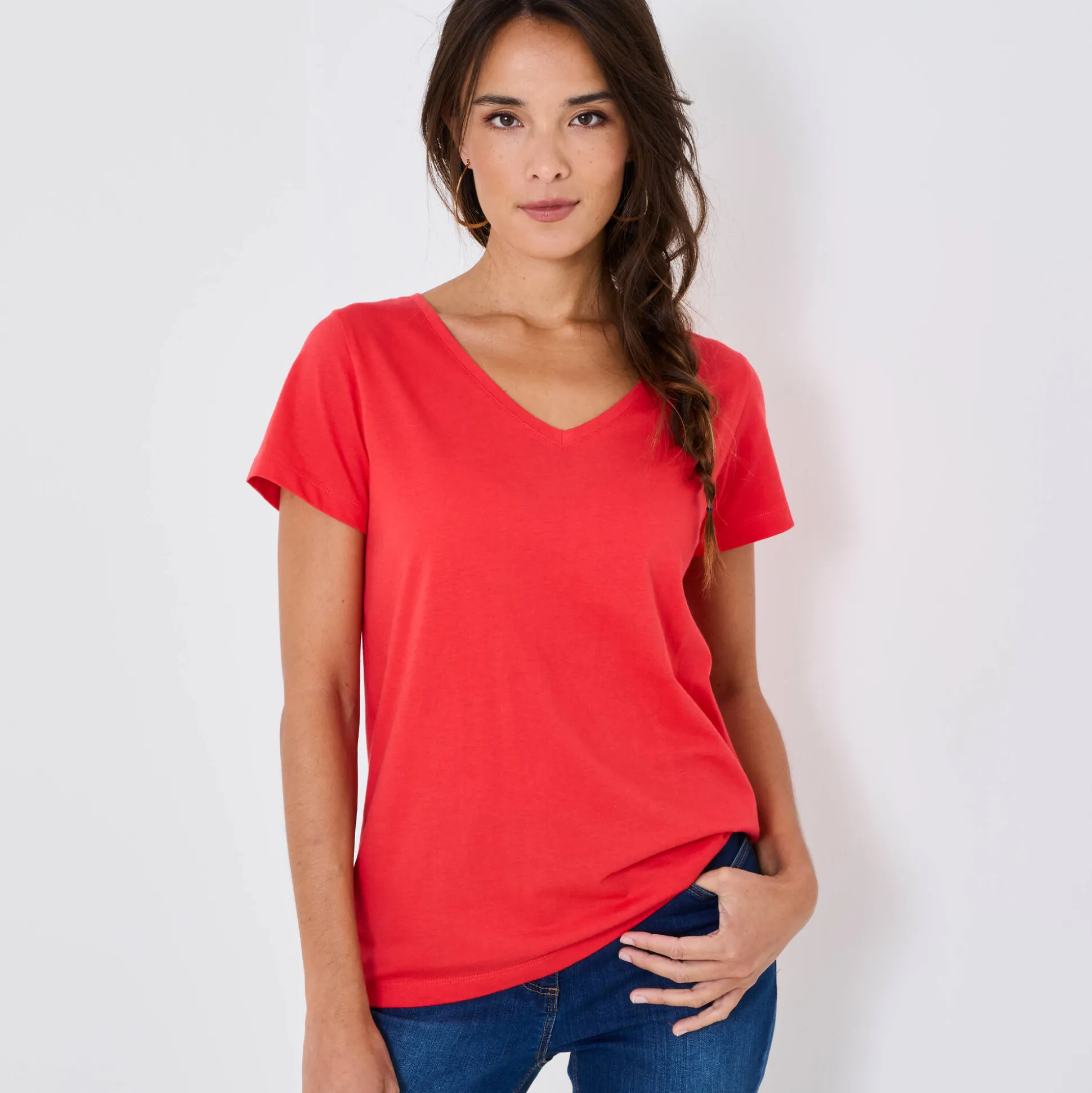 Effen T-shirt met V-hals en korte mouwen, katoen