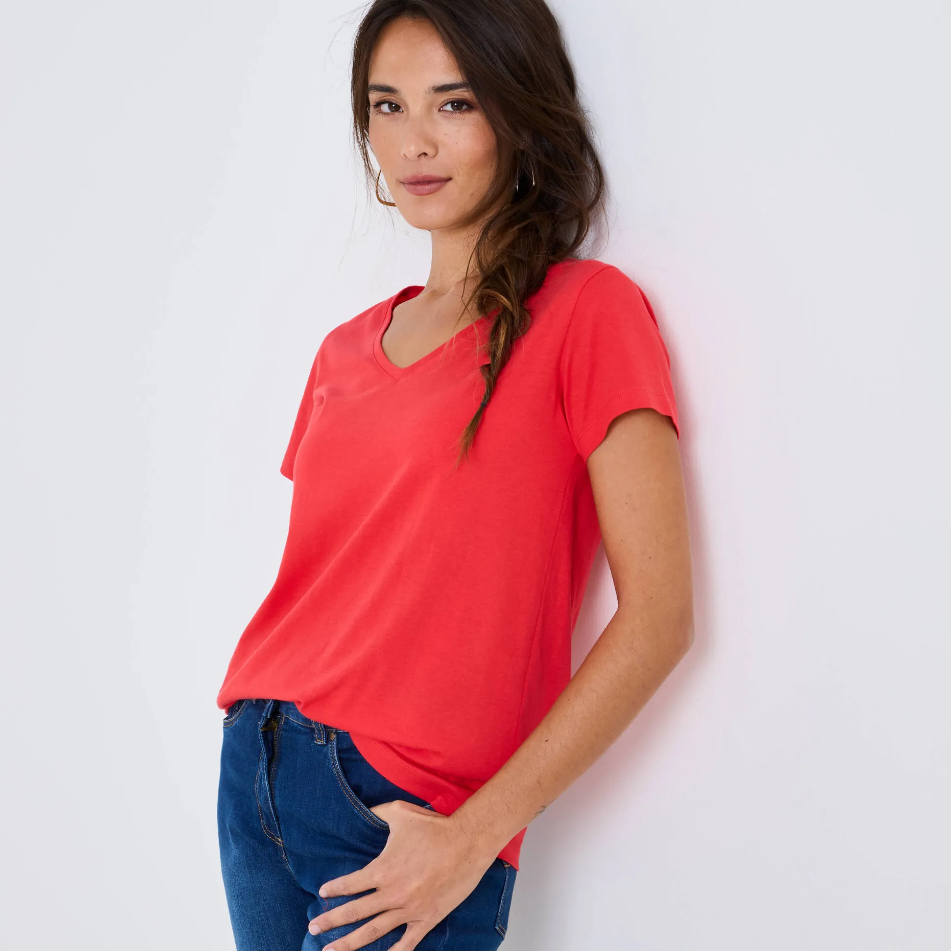 Effen T-shirt met V-hals en korte mouwen, katoen