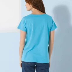 Effen T-shirt met V-hals en korte mouwen, katoen
