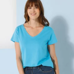 Effen T-shirt met V-hals en korte mouwen, katoen