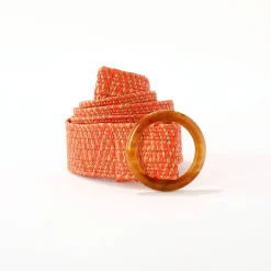Elastische ceintuur in raffia, ecru/oranje