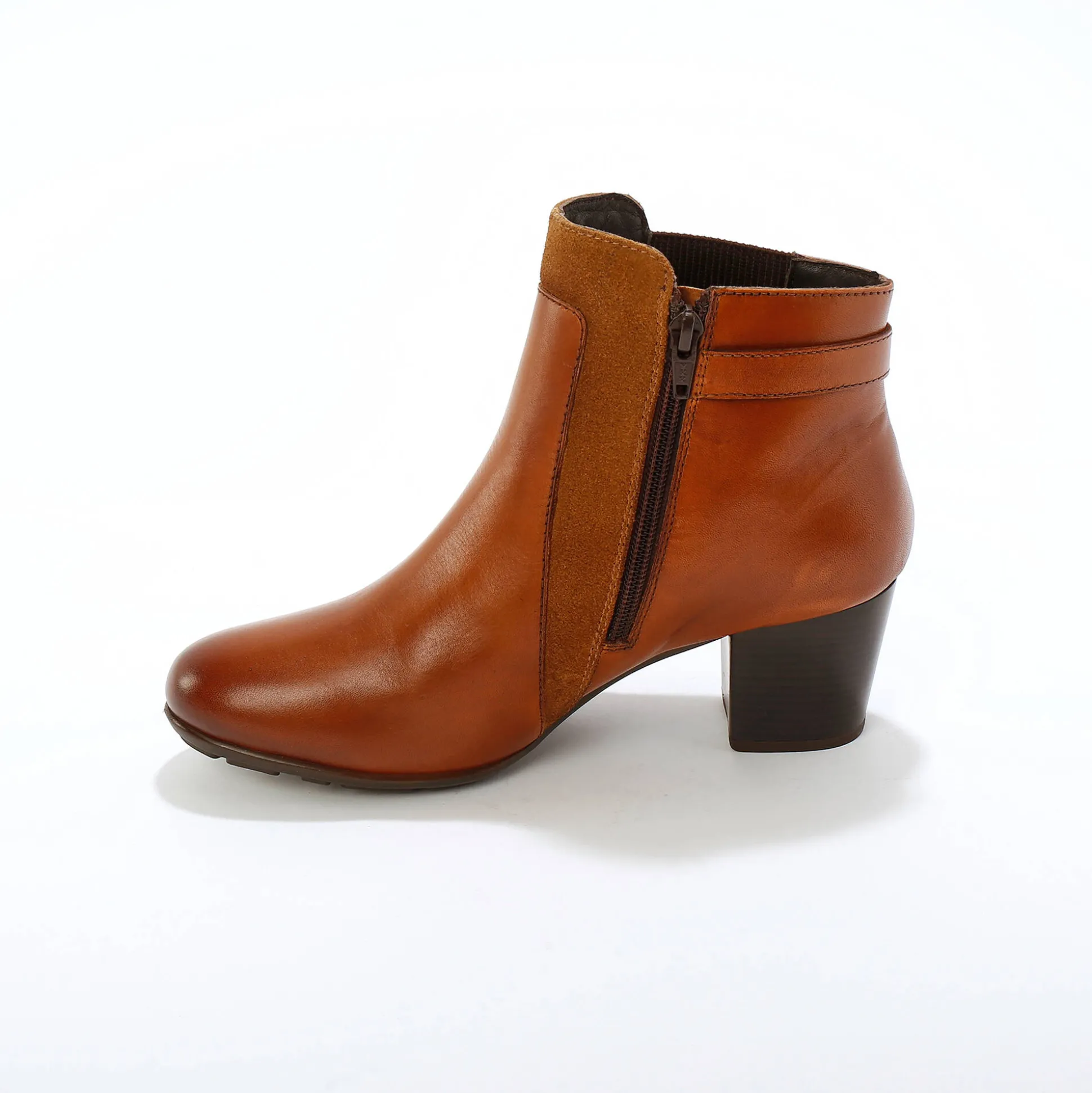 Elastische, leren boots in 2 materialen, met gesp en hak