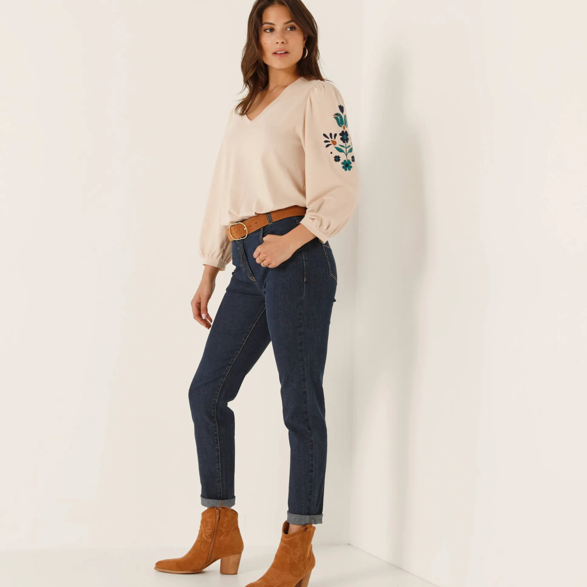 Geborduurd T-shirt met V-hals, 3/4-mouwen