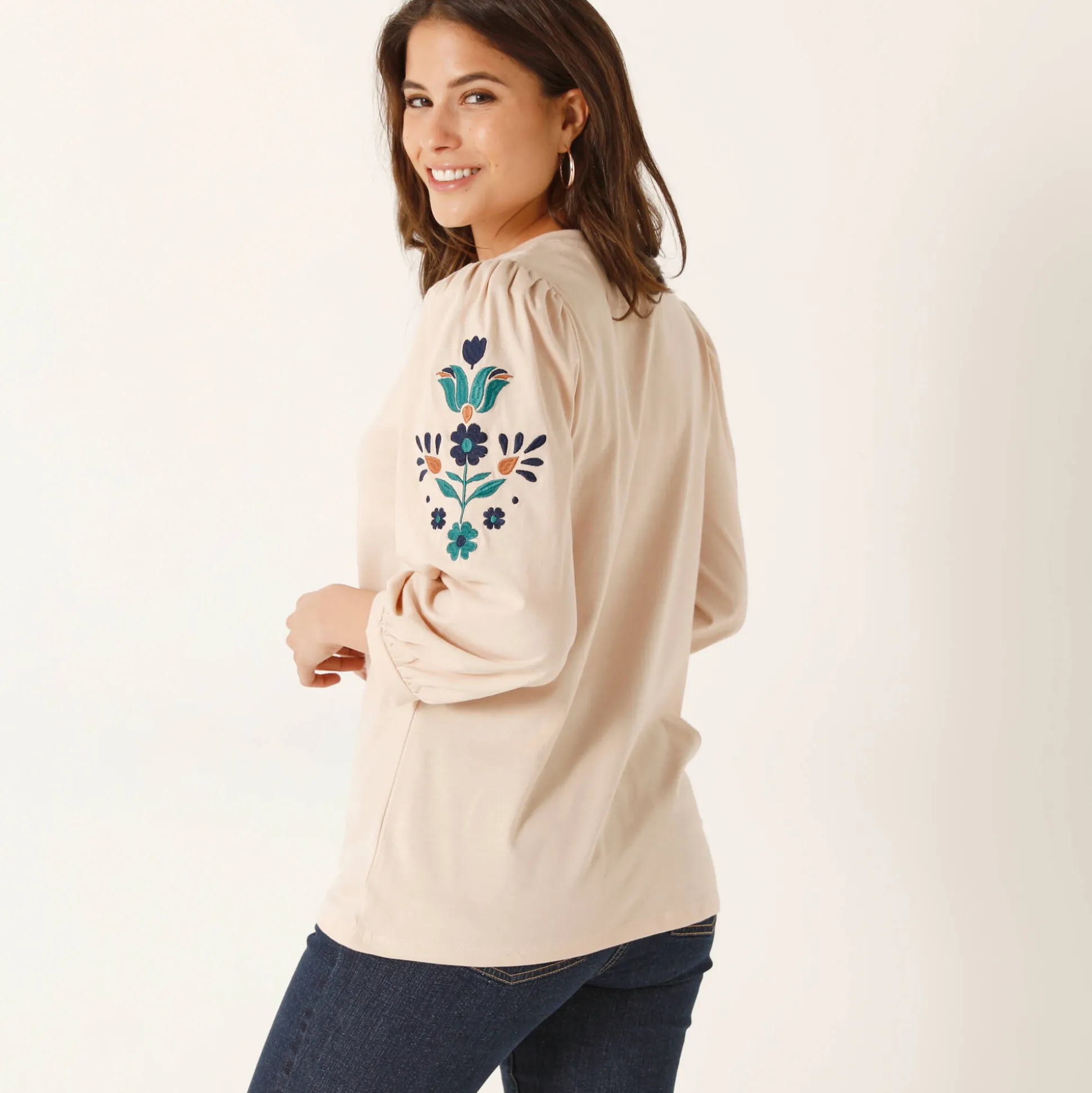 Geborduurd T-shirt met V-hals, 3/4-mouwen