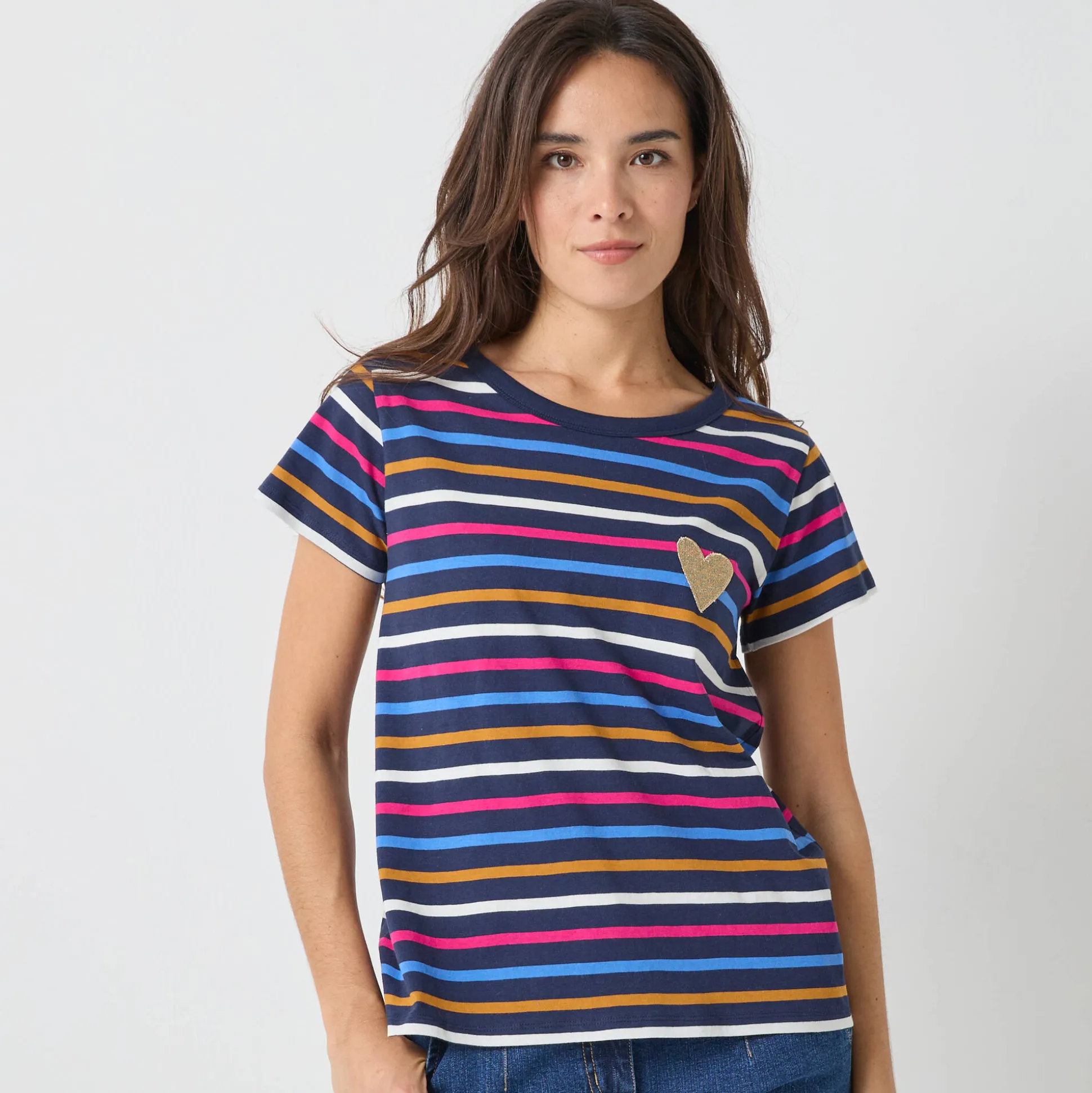 Gestreept T-shirt met korte mouwen, goudkleurig hartje