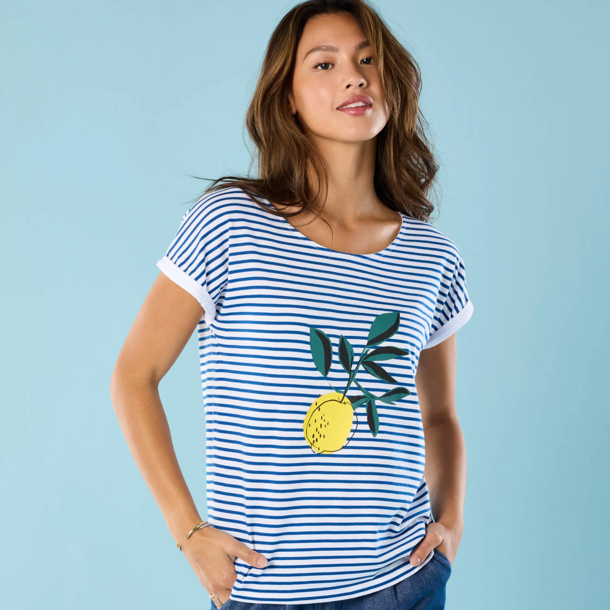 Gestreept T-shirt met korte mouwen en geplaatste print, Kleine Lengtes