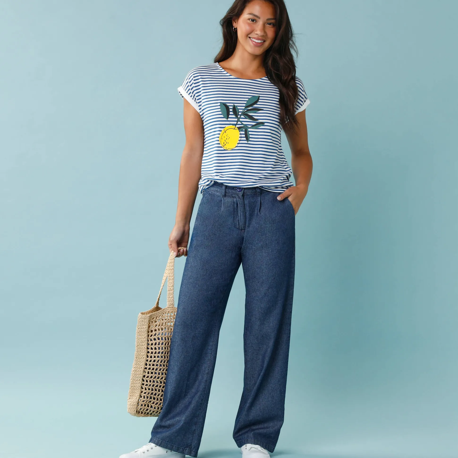 Gestreept T-shirt met korte mouwen en geplaatste print, Kleine Lengtes
