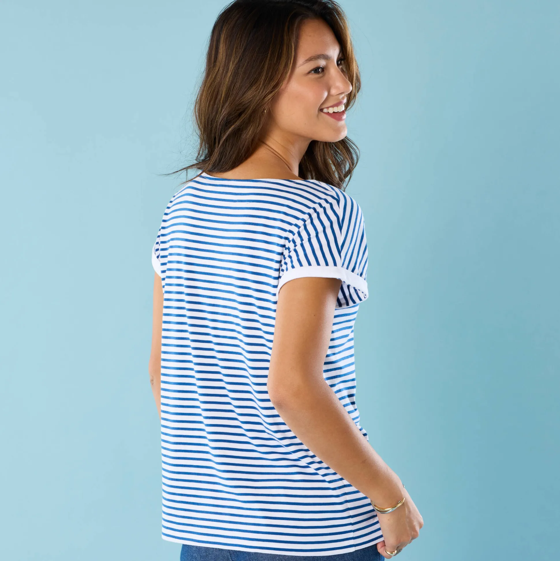 Gestreept T-shirt met korte mouwen en geplaatste print, Kleine Lengtes