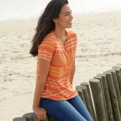 Gestreept T-shirt met Tunesische hals en korte mouwen