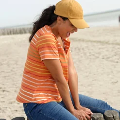 Gestreept T-shirt met Tunesische hals en korte mouwen