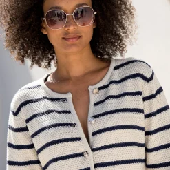 Gestreepte cardigan met officiersknopen, fantasietricot