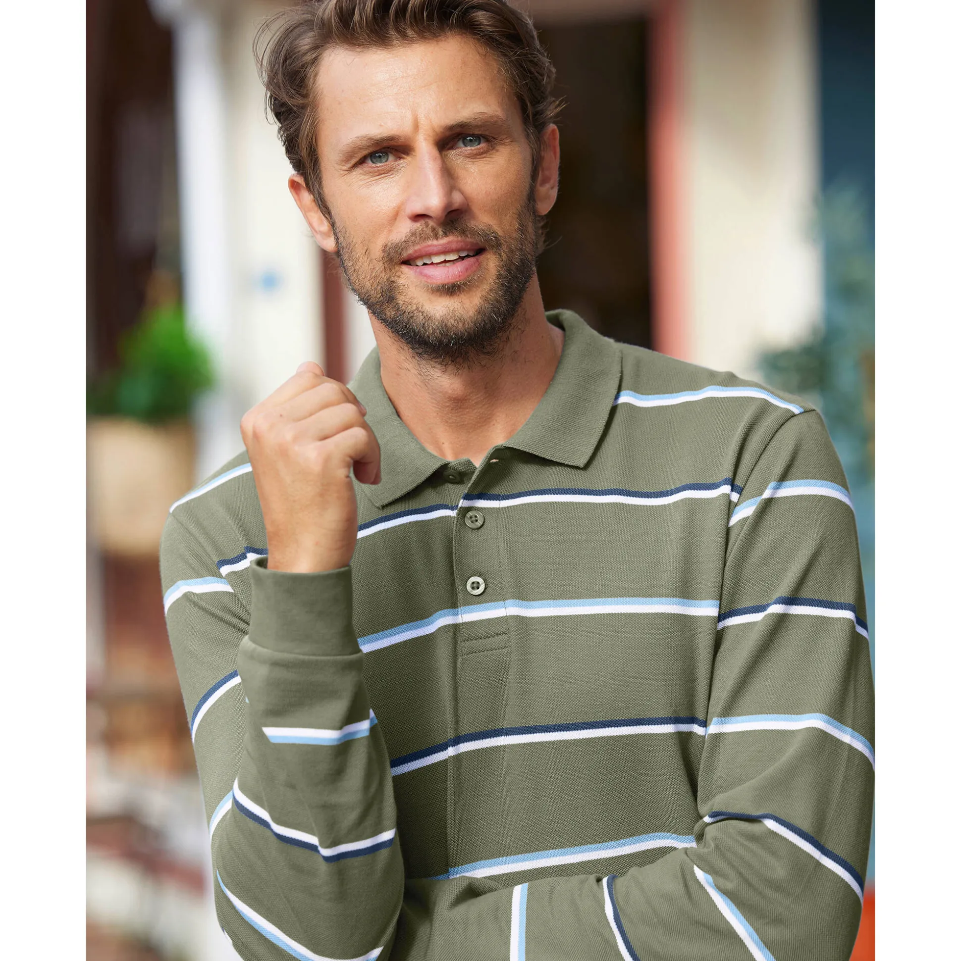 Gestreepte polo in chiné piquétricot met lange mouwen