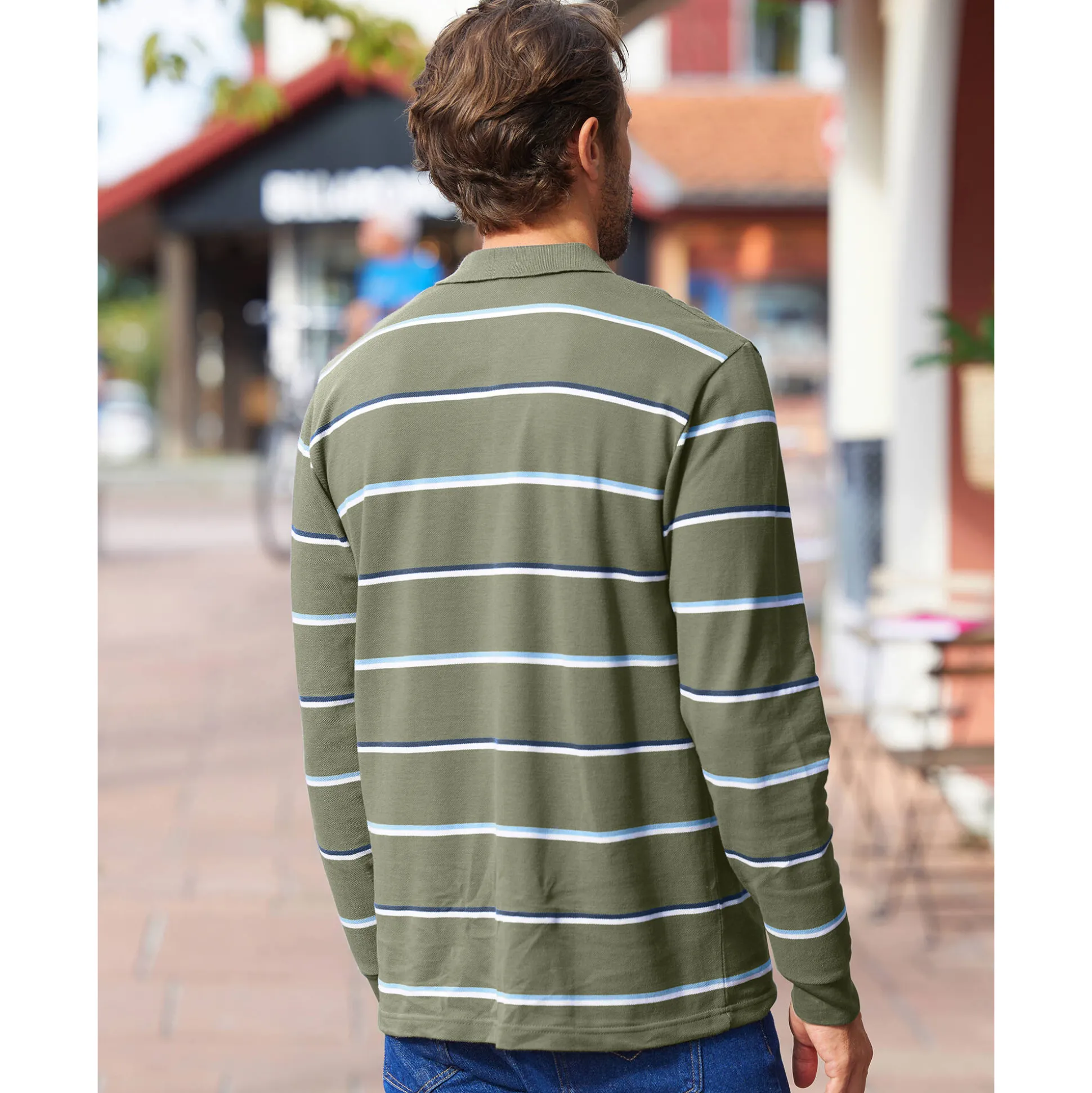 Gestreepte polo in chiné piquétricot met lange mouwen