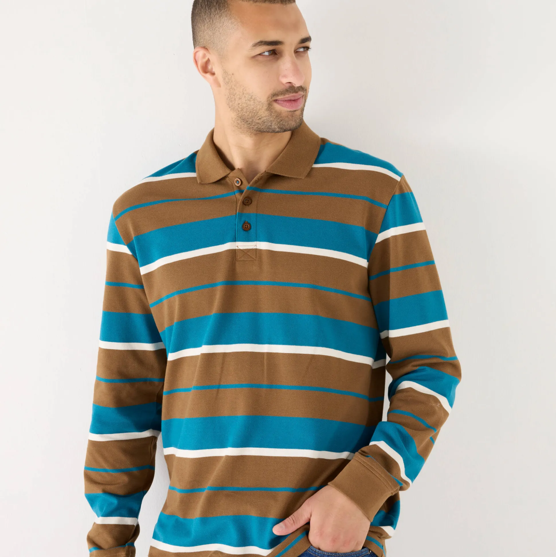 Gestreepte polo in piquétricot, lange mouwen