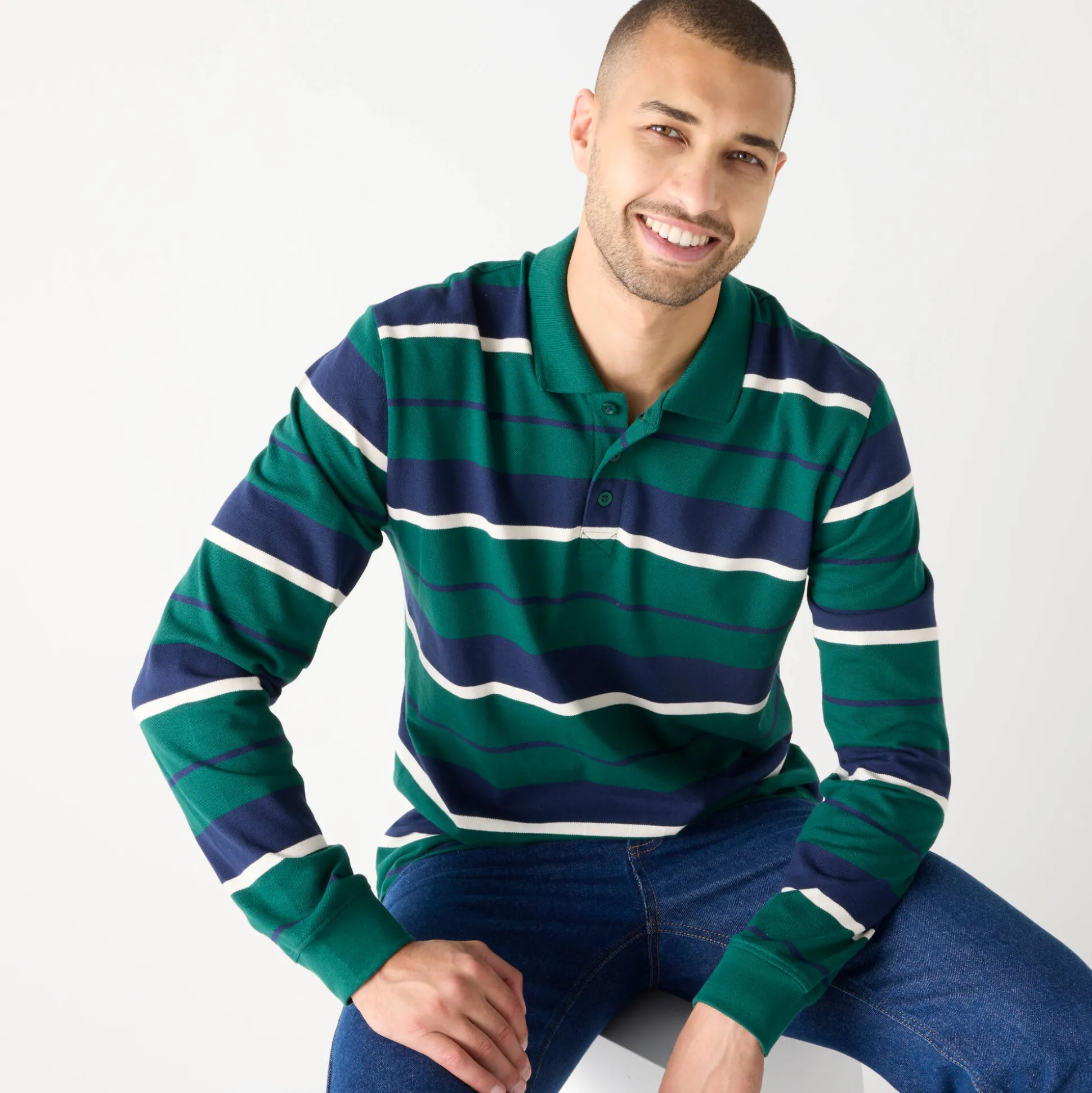 Gestreepte polo in piquétricot, lange mouwen
