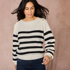 Gestreepte trui met goudkleurige knopen, patenttricot