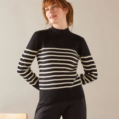 Gestreepte trui met opstaande hals, ribtricot