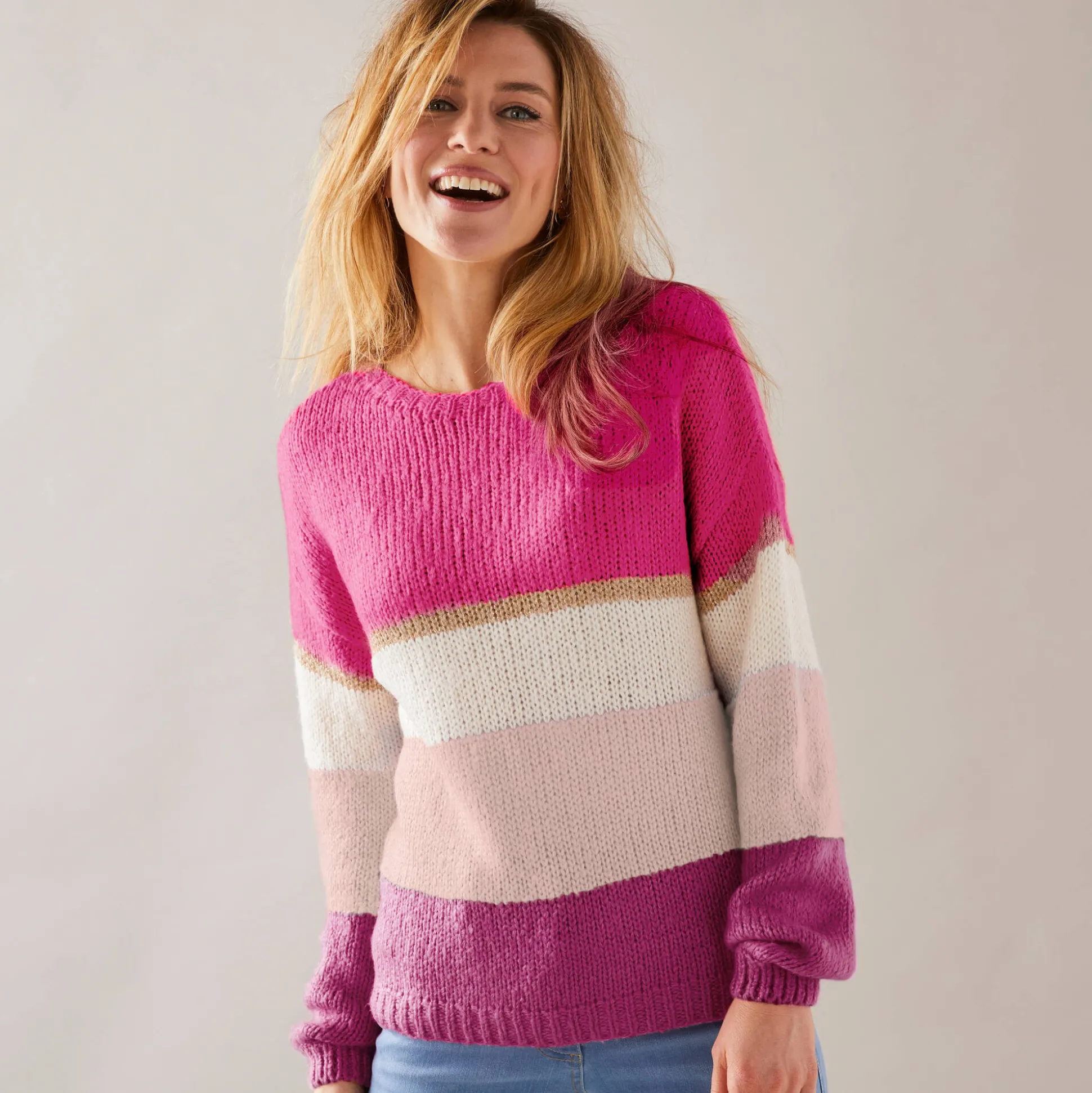 Gestreepte trui met ronde hals, mohairtouch
