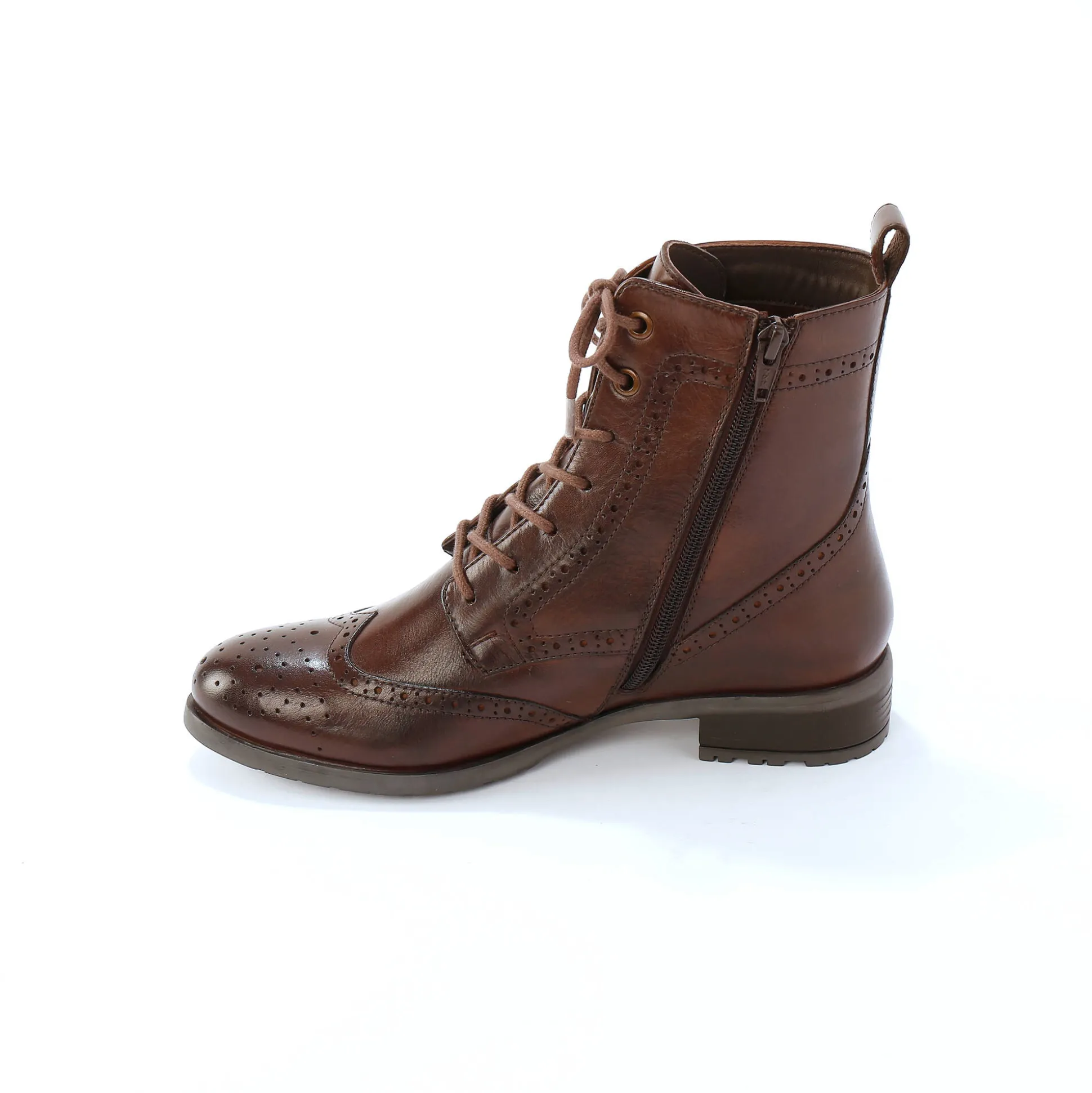 Gevoerde bottines met hoge schacht en vetersluiting, leer met gaatjesmotief