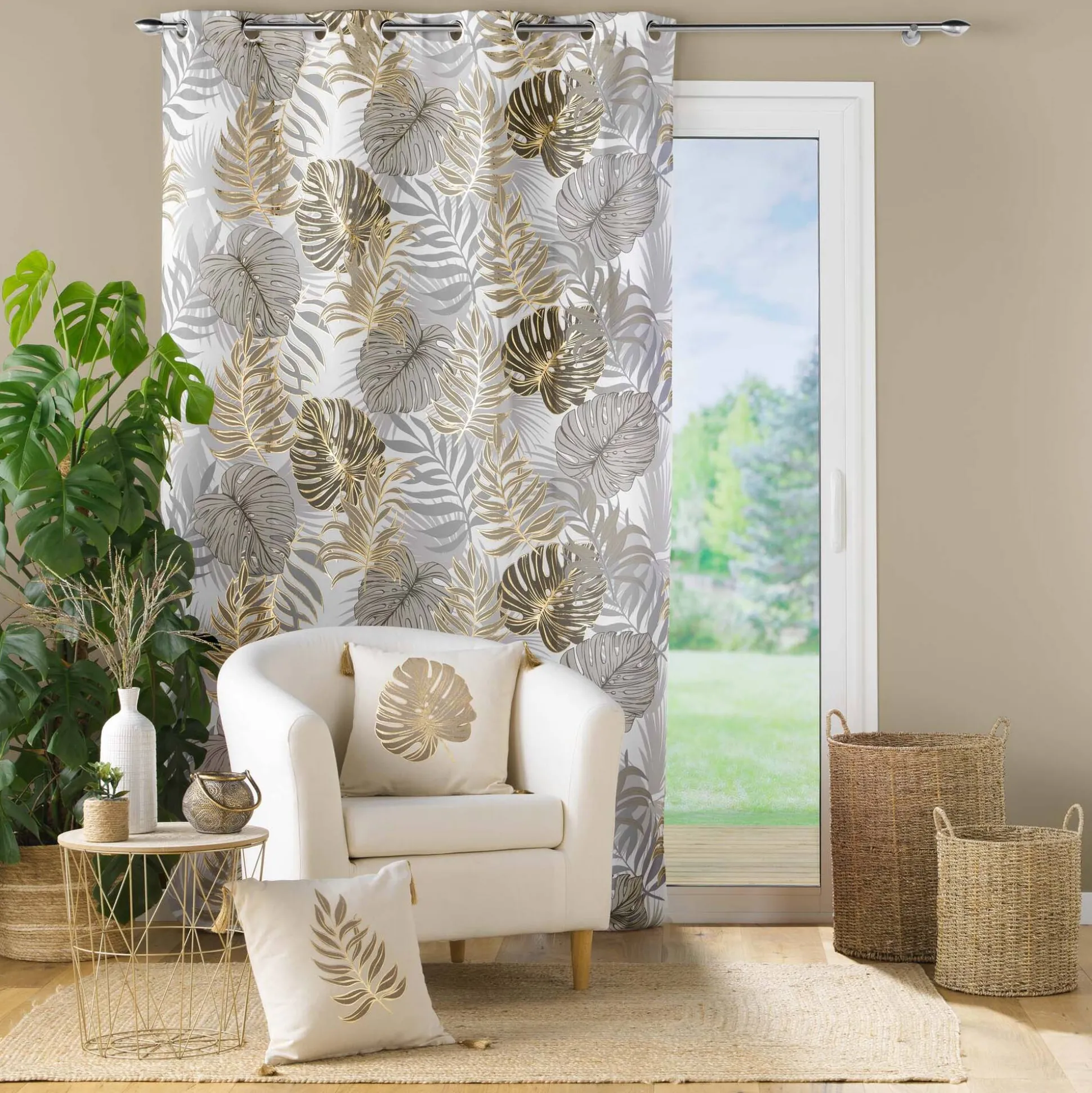 Gordijn met metallic bladerenprint