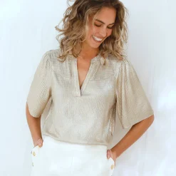 Goudkleurig T-shirt met mouwen op ellebooglengte, fantasietricot met plissé
