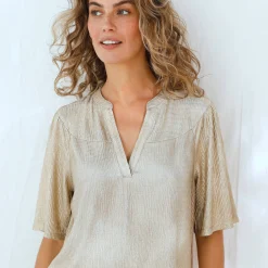 Goudkleurig T-shirt met mouwen op ellebooglengte, fantasietricot met plissé