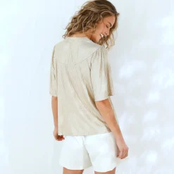 Goudkleurig T-shirt met mouwen op ellebooglengte, fantasietricot met plissé