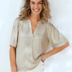 Goudkleurig T-shirt met mouwen op ellebooglengte, fantasietricot met plissé