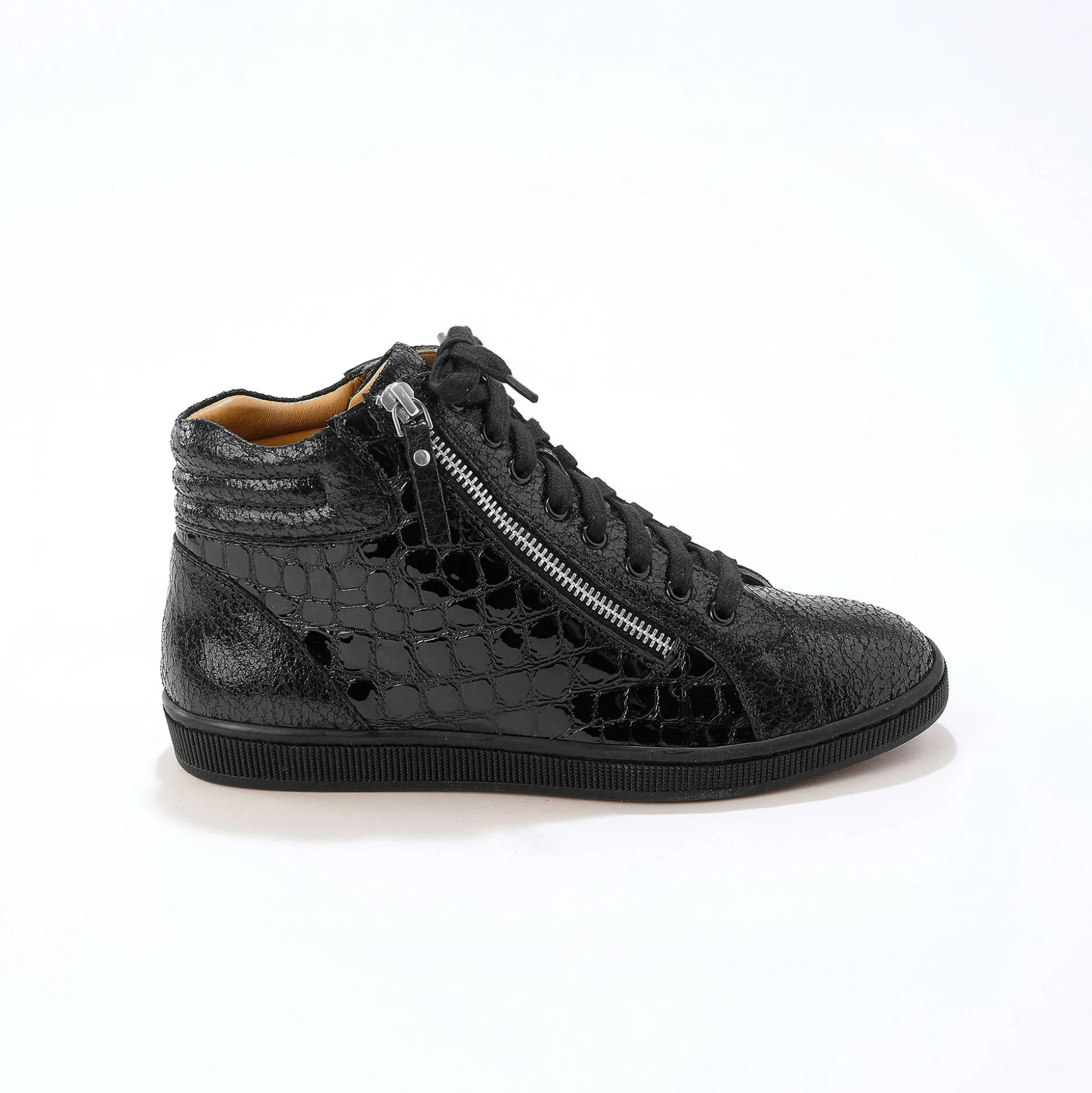 Hoge sneakers in soepel leer met kroko-effect en rits