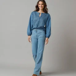 2-in-1 vest in 2 materialen, ajourtricot en geborduurde mouwen van katoen