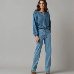 2-in-1 vest in 2 materialen, ajourtricot en geborduurde mouwen van katoen