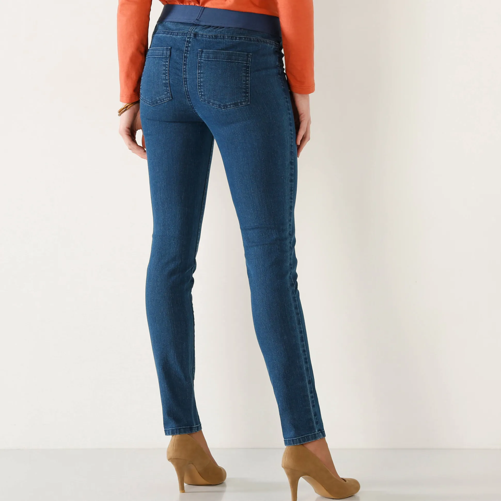 Jegging in denim met elastische taille, grote lengte