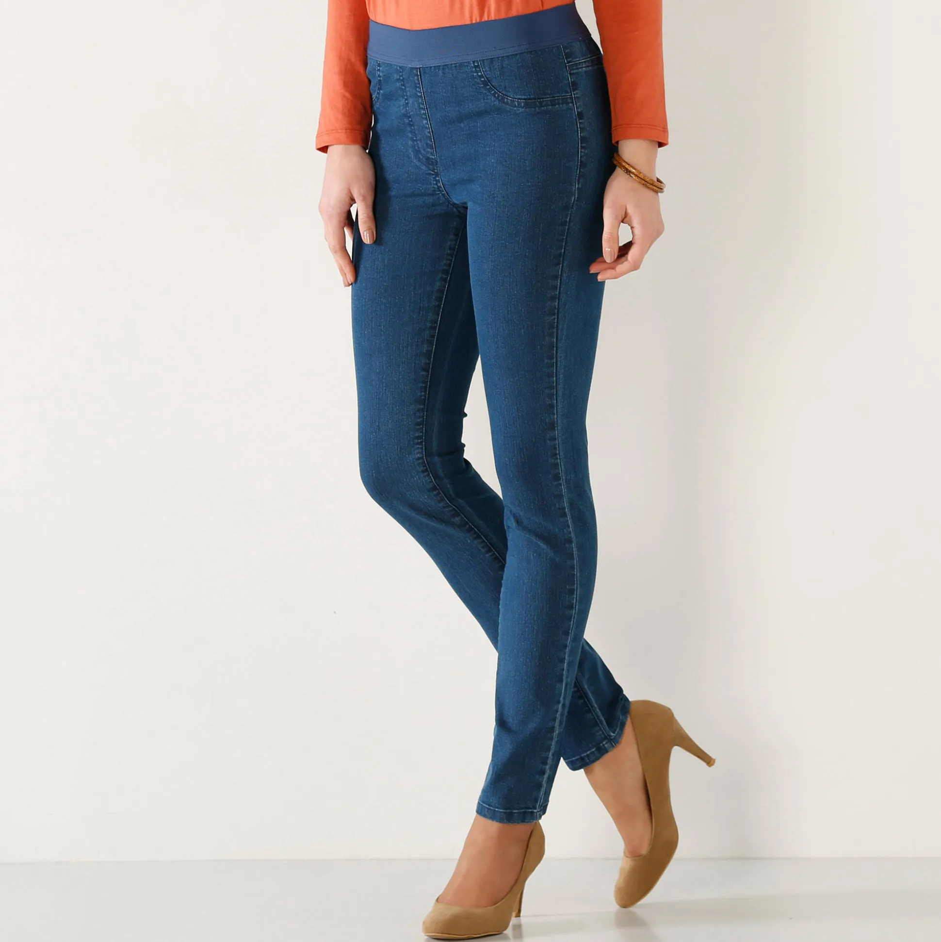 Jegging in denim met elastische taille, grote lengte