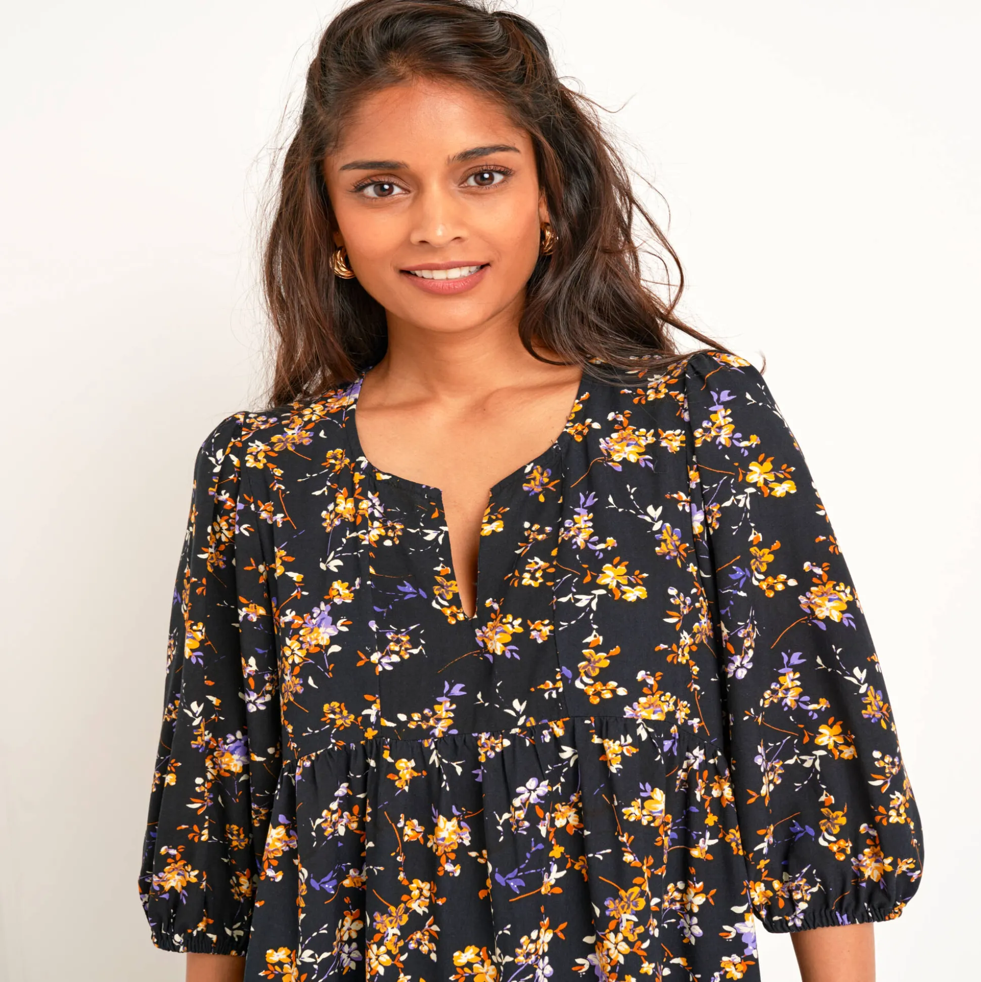 Jurk met bloezende mouwen, bloemenprint
