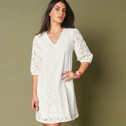 Jurk met broderie anglaise en 3/4-mouwen